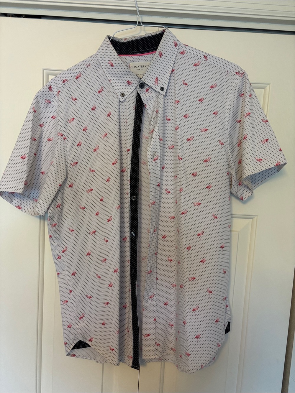 Arrow White Short-Sleeve Button-Up with Pink Micro Flamingo Print